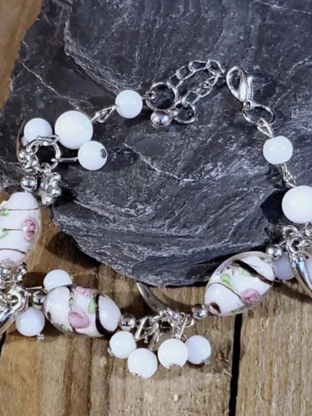 Vintage Murano Glass Beads White Silver Charm Bracelet Style B